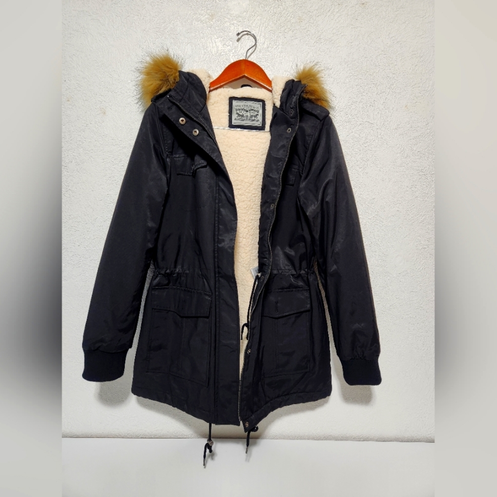 Levi's Sherpa Parka Utility Jacket Fur Hood Black Size M